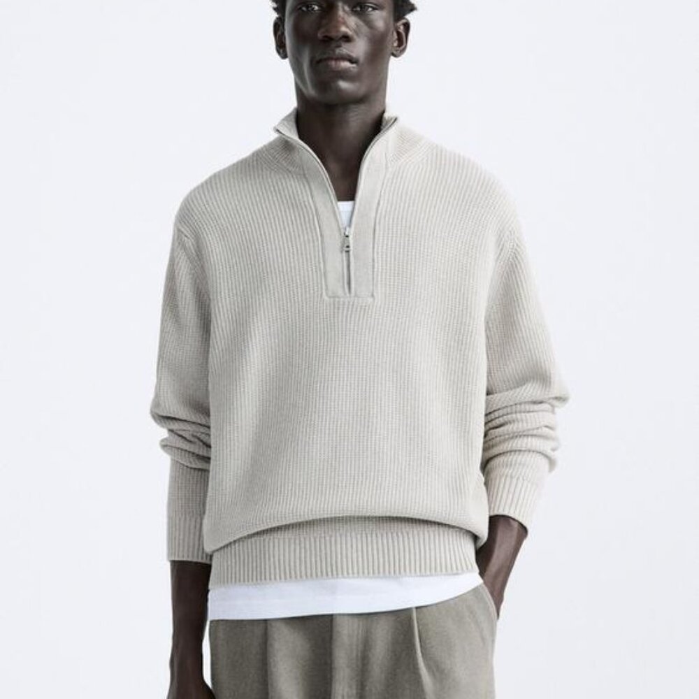 NWT Zara Textured Quarter-Zip Sweater - Pearl/Beige